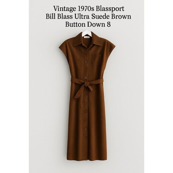 Vintage 1970s Blassport Bill Blass Ultra Suede Brown Button Down Dress Size 8 - Picture 1 of 10